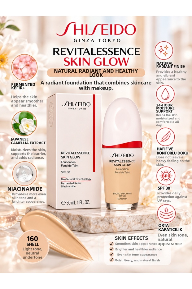 Revitalessence Skin Glow 160 Shell 30 ml – Skin Tone Equalizer and Moisturizing Foundation