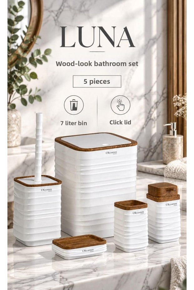 Wooden Look Patterned Luna 5-Piece Bathroom Set - Off-White