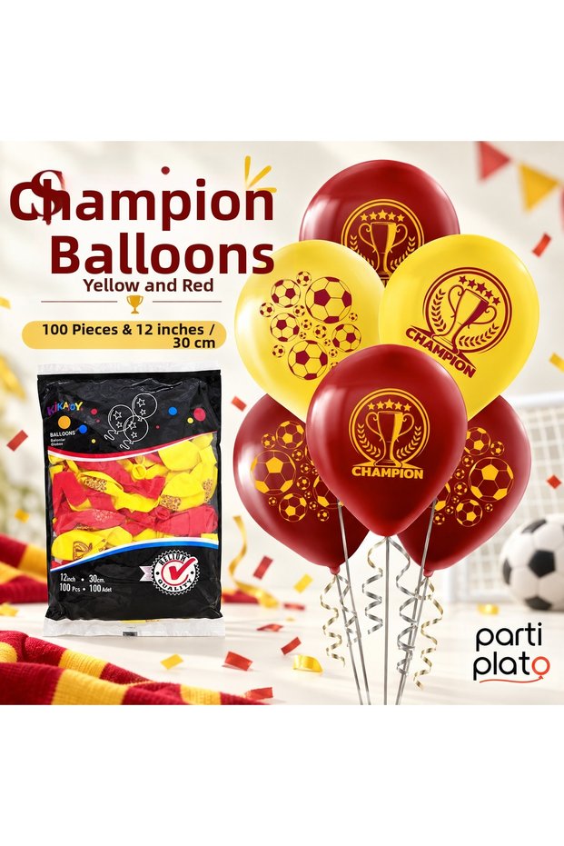 Yellow Red Champion Printed Balloon 100 Pieces 12 Inch Football Themed Birthday Party Decoration