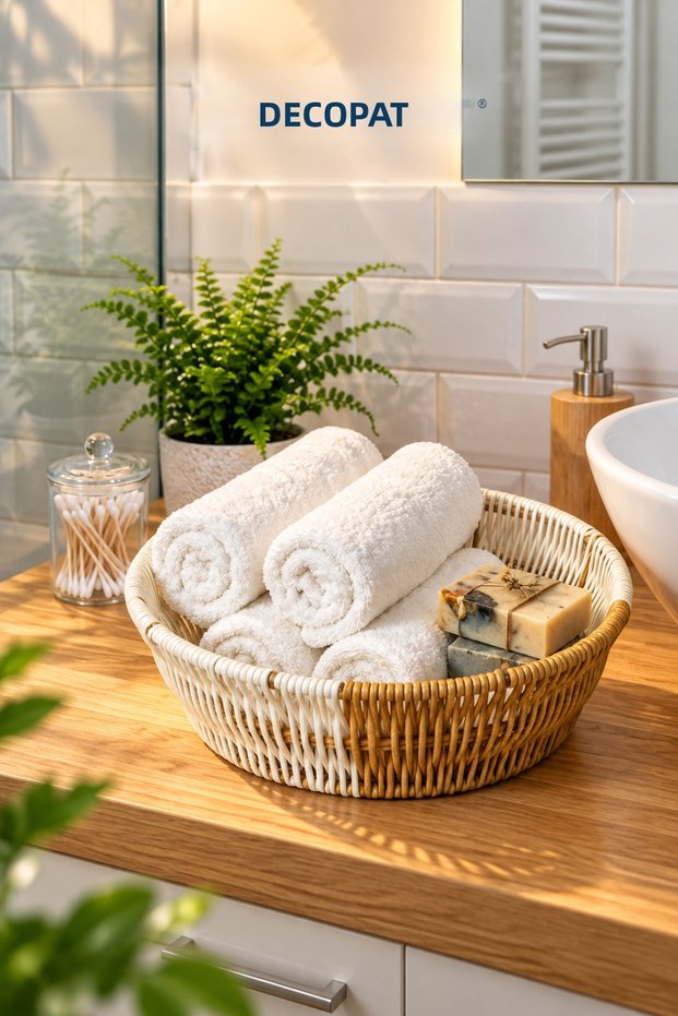 Wicker-Look Round Presentation Basket – Decorative Serving, Breakfast and Snack Basket, Multi-Purpose Basket for Bathroom