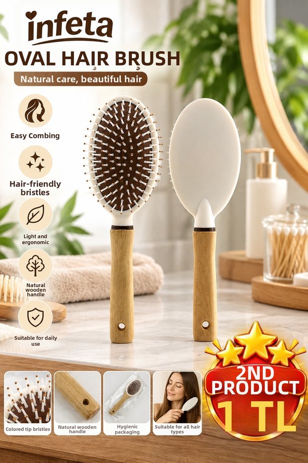 Oval Wooden Handle Hair Brush White Plastic Body Massage Tip Comb Brush