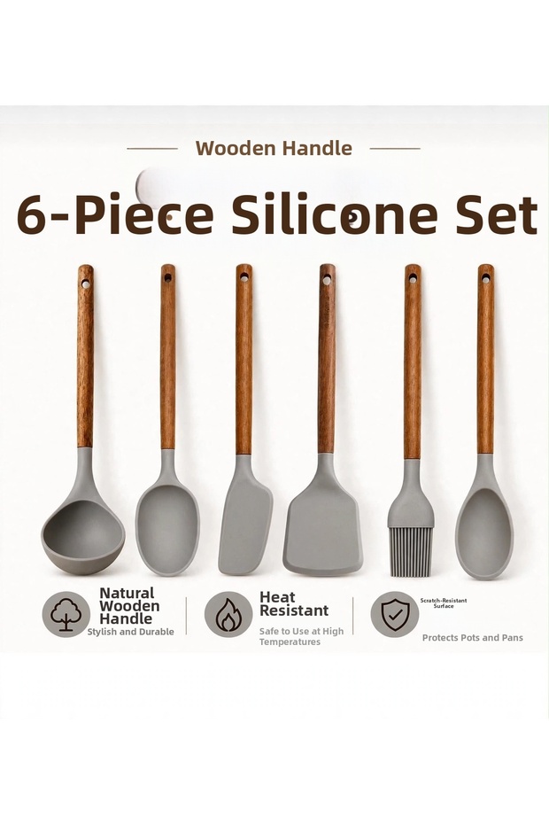 35cm Large Size Wooden Handle 6-Piece Silicone Ladle Set – Spatula-Ladle-Spoon-Brush – Non-Scratch Silicone Kitchen Utensils Gray