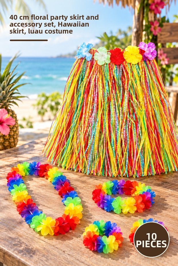 10 Pieces Colorful Hawaiian Skirt – 40 cm Vibrant Floral Party Skirt and Accessory Set, Hawaiian Skirt, Luau Costume