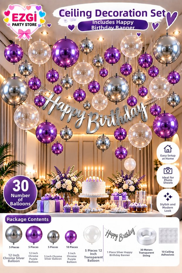 Birthday Concept Chrome Purple Silver Ceiling Balloon Decoration Celebration Set Party Ornaments Decoration Set