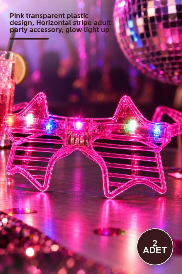 2 Pcs Led Light-Up Star Party Glasses – Pink Transparent Plastic Design, Adult Party Accessory with Horizontal Stripes, Glow Light up