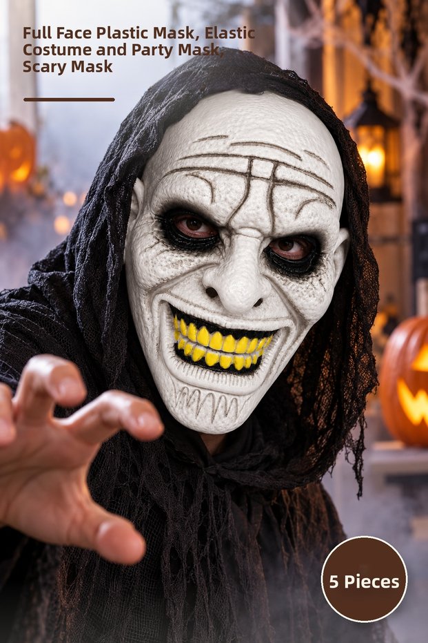 5 Pcs Yellow Toothed Black Eye Plastic Horror Mask – Full Face Plastic Mask, Costume and Party Mask with Elastic Rubber, Scary Mask