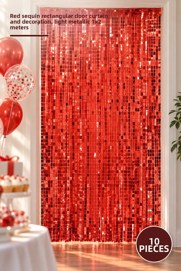 10 Pieces of Background Curtains – Red Glitter Look Rectangular Cut Door Curtain and Decoration, Lightly Metallized 1X2 Meters, Door Curtain