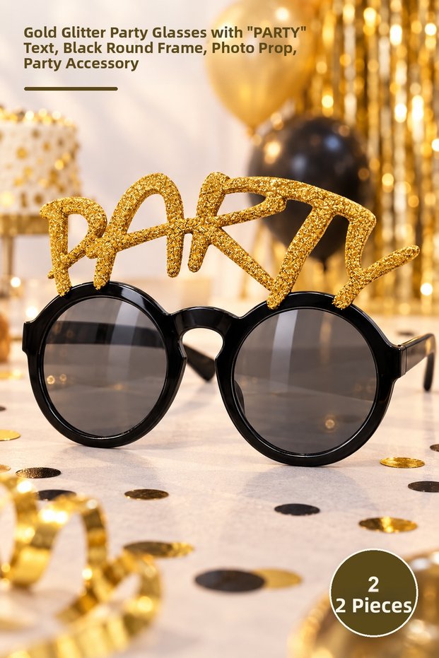 2 Pieces Party Glasses – Black Round Frame with Gold Glitter Party Lettering Photo Prop Entertainment Accessory Party Glasses