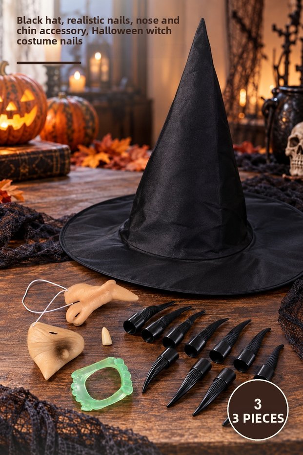 3 Pcs Witch Costume Set – Black Hat, Realistic Nail Nose Chin Teeth Accessory, Halloween Witch Costume Nails