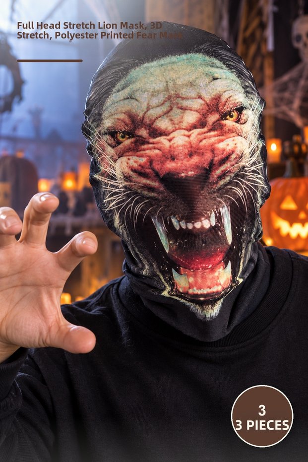 3 Pieces Lion Mask – Stretchable 3D Printed Polyester Horror Mask That Fits over the Head, Full Head Stretch Lion Mask