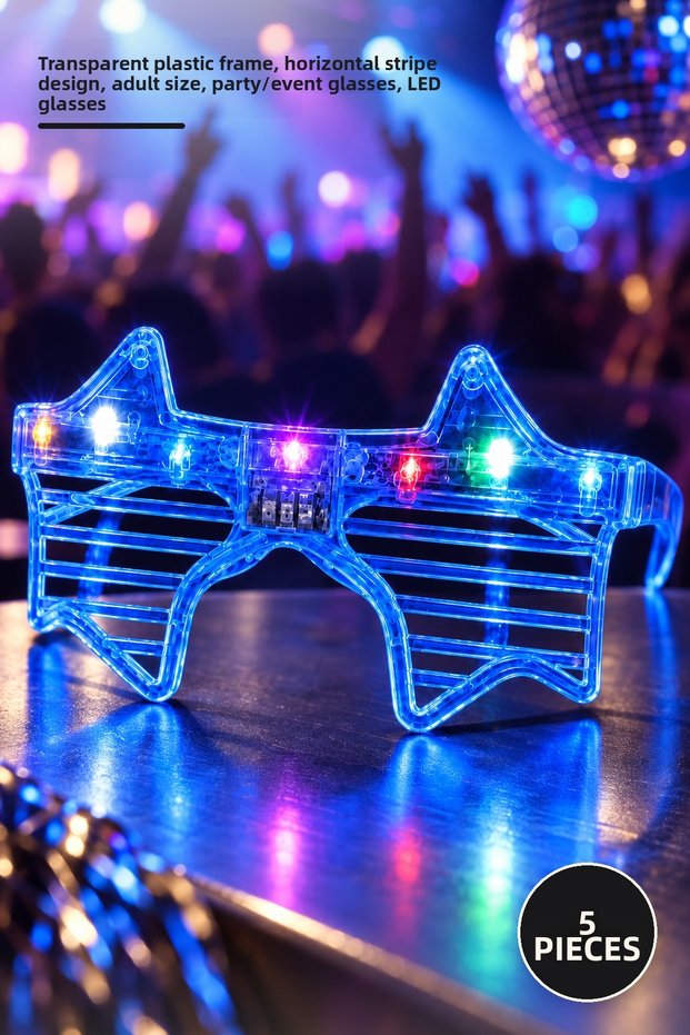 5 Pcs Blue Led Light-Up Star Party Glasses – Transparent Plastic Frame, Horizontal Stripe Design, Adult-Friendly, Party/Event, Party Glasses, Led Glasses