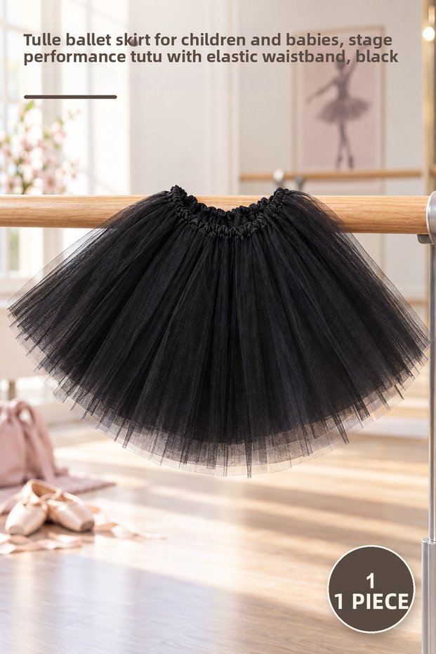 1 Piece Tutu Skirt – Tulle Ballet Skirt for Children and Babies Stage Performance Lined Elastic Waist Black Tutu Skirt