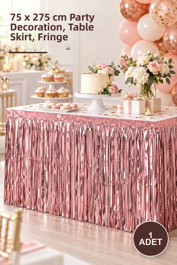 1 Piece Self-Adhesive Rose Gold Metalized Tasseled Table Skirt – 75 X 275 cm Party Decoration, Table Skirt, Fringe