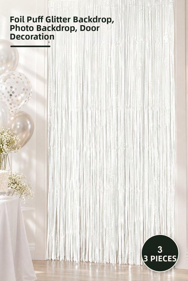3 Pieces of Soft White Wall and Door Curtains – Glittering Background Curtain with Foil Tassels, Photo Backdrop, Door Decoration