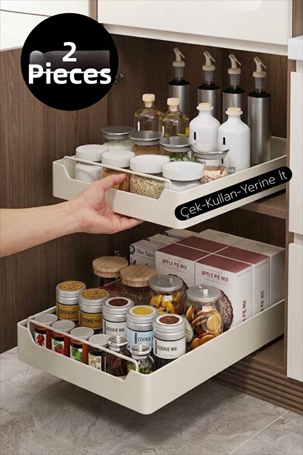 2 Pieces Vita Large Rail Shelf Multi-Purpose Cabinet Kitchen Bathroom Pantry Organizer Sliding Shelf