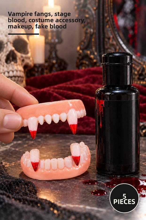 5 Pieces Vampire Fake Teeth and Theater Blood Set – Vampire Teeth, Theater Blood, Costume Accessory, Stage Makeup, Fake Blood