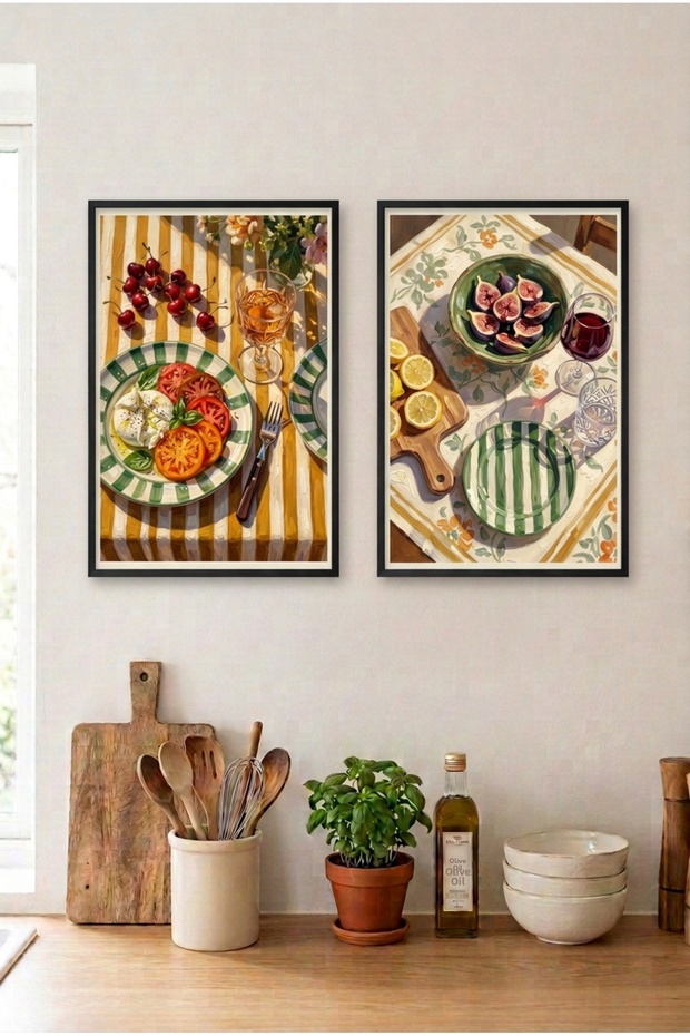 2-Piece Burrata and Figurine Mdf Painting Set with Black Wooden Frame - Italian Table Kitchen Decor Huhu3235 - Double Painting Set Black Frame