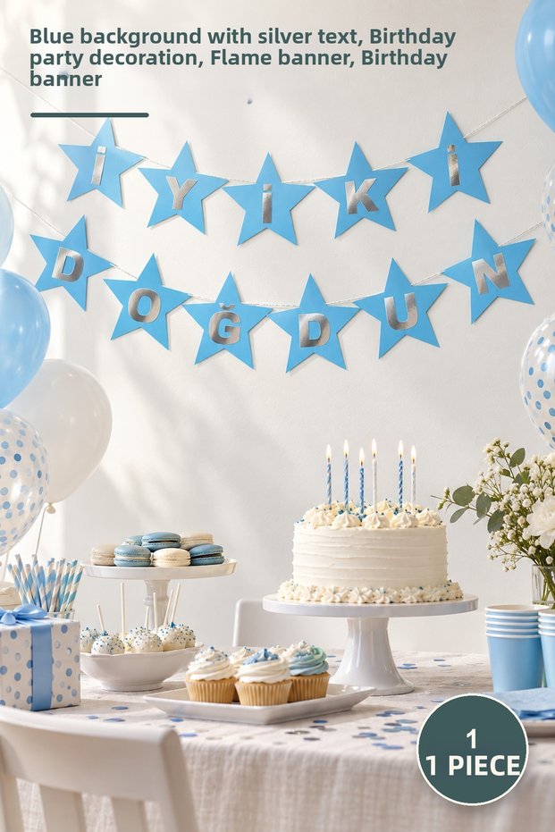 1 Piece Happy Birthday Pennant Ornament – Silver Lettering on Blue Background, Birthday Party Decoration, Pennant Banner, Birthday Banner