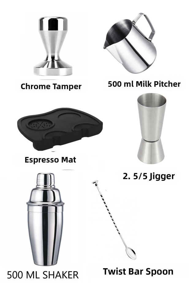 Bar Set of 6, Tamper, Tamper Espresso Mat, Milk Pot, Jigger, Bar Spoon