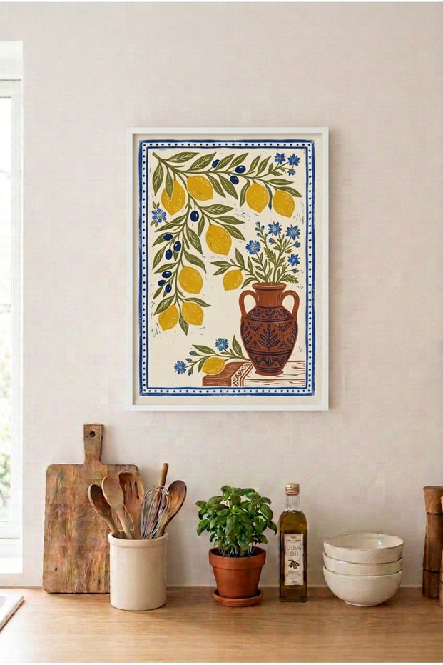 Lemon Branches and Terracotta Test White Wooden Framed Mdf Kitchen Table Huhu3213 - Single Table White Frame