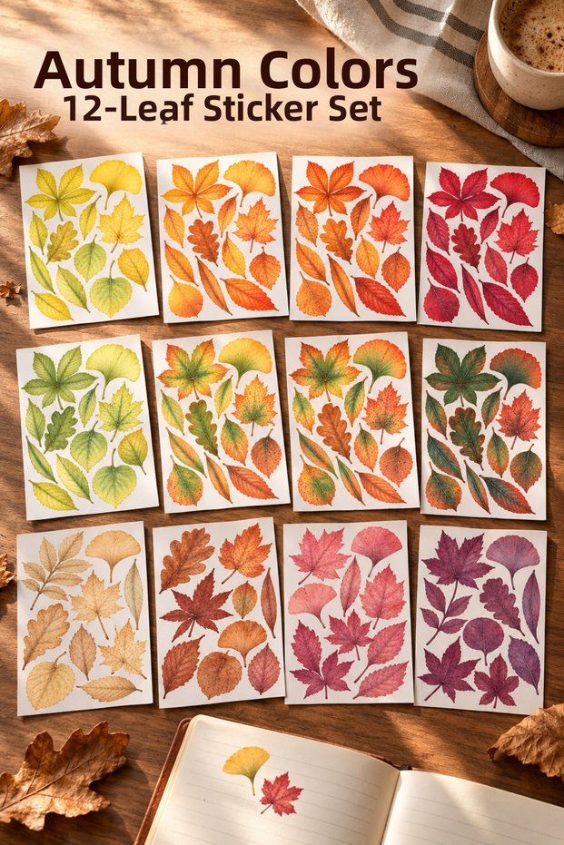 Autumn Leaves 12-Piece Sticker Set - Planner Agenda Phone Tablet Laptop Bullet Journal Sticker