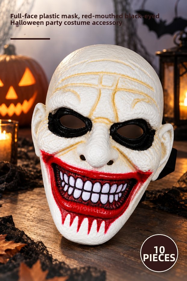 10 Pieces Horror Mask – Full Face Plastic Mask, Halloween Party Costume Accessory with Red Mouth and Black Eyes