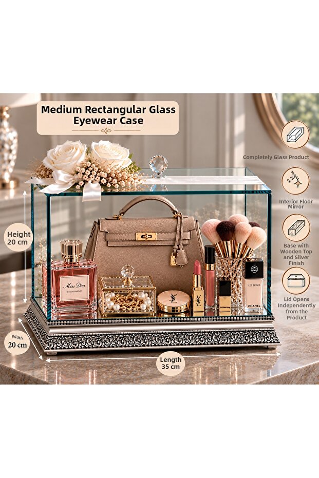 Glass Dowry Bundle Box 35X20X20 cm – Decorative Glass Display Box with Floral Ribbon