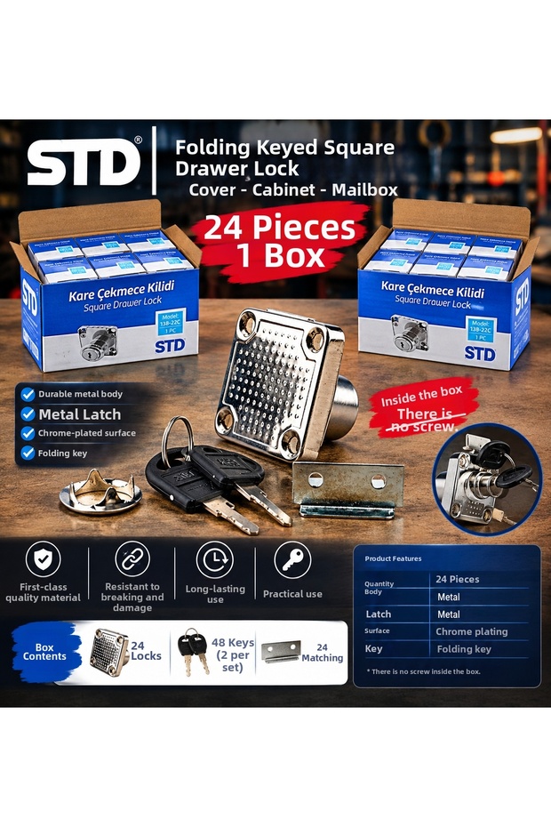 Drawer Lock 24 Pieces Square Chrome Plated