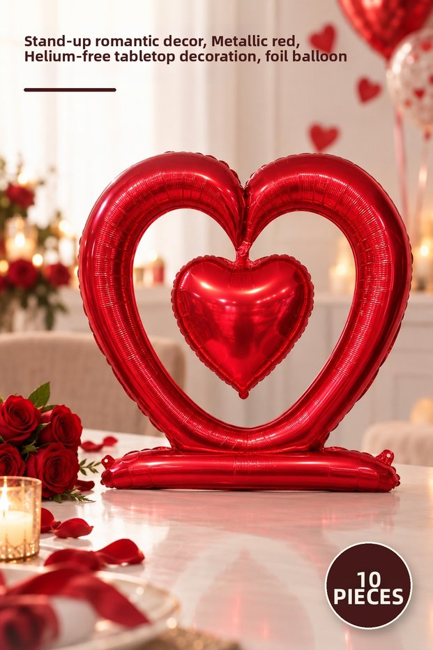 10 Pieces of Heart-In-A-Heart Foil Balloons with Stands – Romantic Decor with Standing Stands, Metallic Red, Helium-Free Desktop Ornament, Foil Balloon