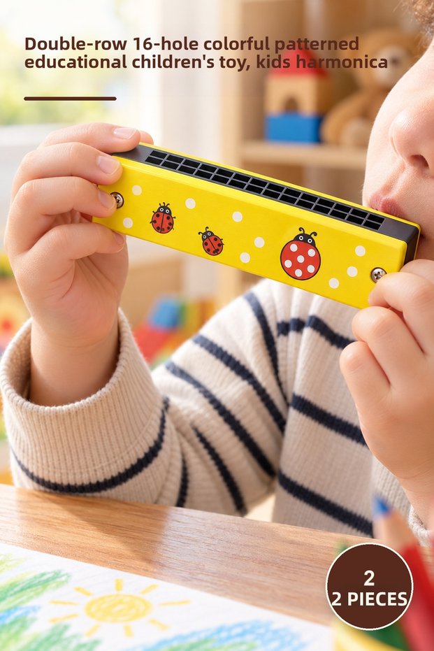 2 Pieces Wooden Harmonica – Double Row 16 Holes Colorful Patterned Educational Children's Toy, Kids Harmonica
