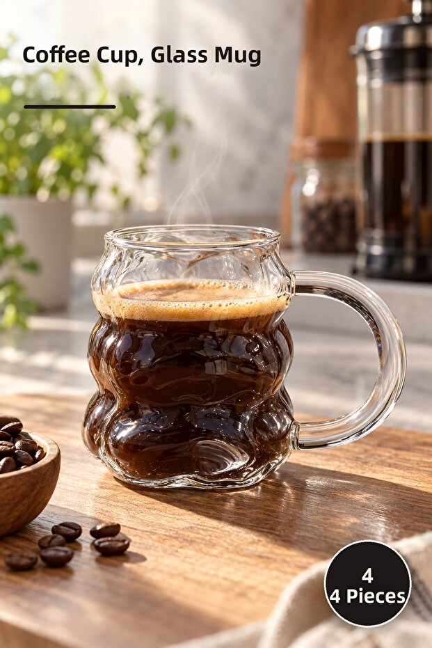 4 Glass Coffee Cups – Mug-Style Cups, Suitable for Drinking Coffee, Coffee Cup, Glass Mug