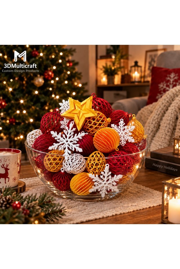 Christmas Tree Ornament Set – Red Gold White Decorative Ornaments | Christmas Tree Decoration | 3Dmulticraft