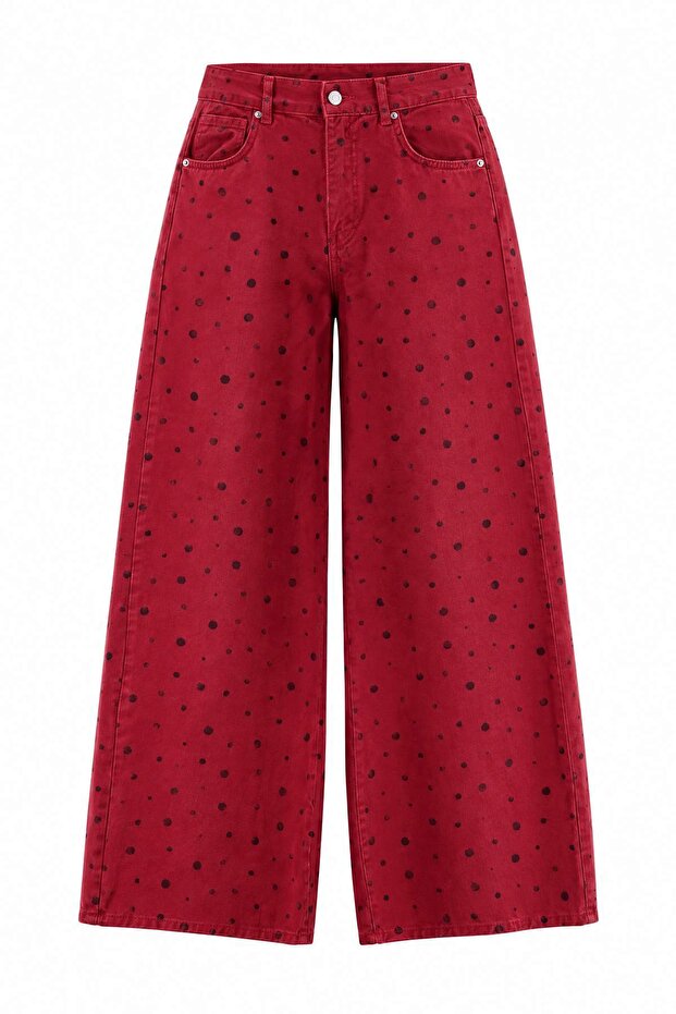 Kırmızı Puantiye Desenli Yüksek Bel Wide Leg Jeans TWOAW27JE00347