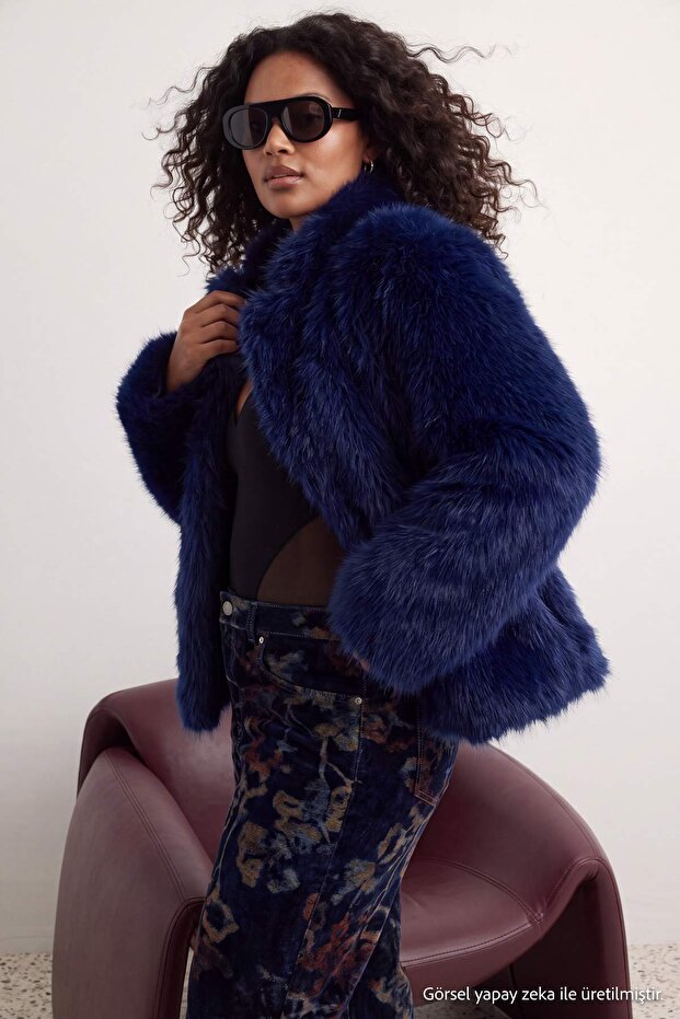 Navy Blue Regular Fit Fur Large Size Coat Tbbaw25Aw00000