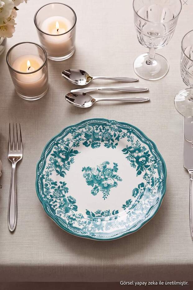 4'lü Vintage Çiçek Desenli Porselen Pasta Seti Yeşil TPHAW26TBK00067