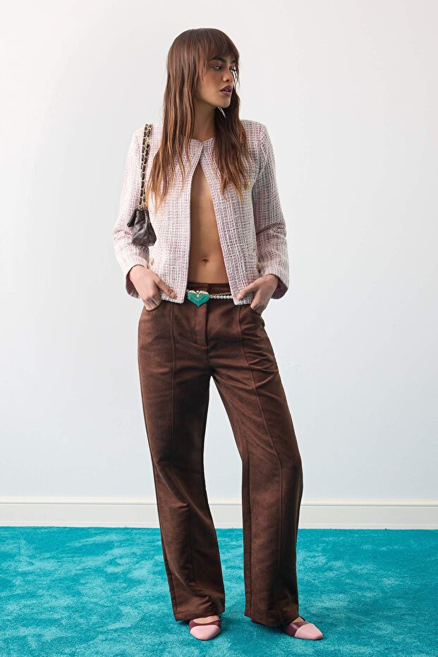 Limited Edition Koyu Kahverengi Suni Süet Düz Kesim Pantolon TWOAW27PL00072