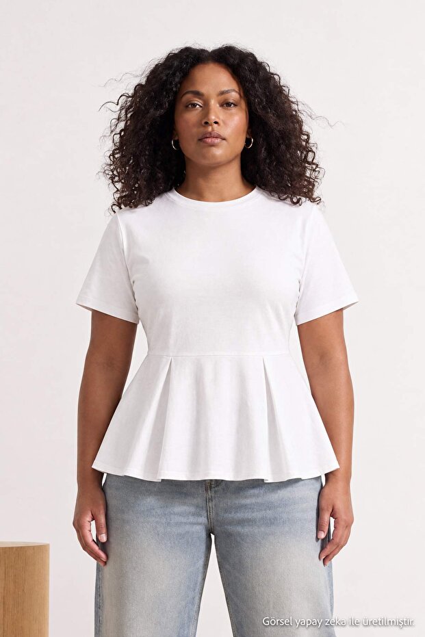 Ecru Peplum Short Sleeve 100% Cotton Knitted Blouse Tbbss26Af00166
