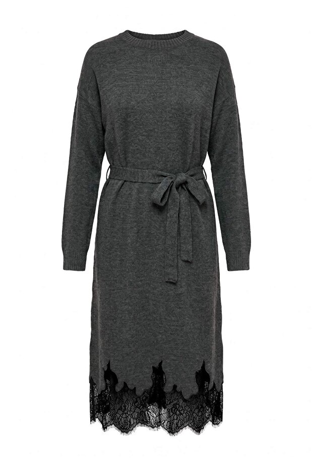 Anthracite Unlined Plain Knitwear Lace Garnished Maxi/Long Single Layer Hijab Dress Tctaw27Eb00011