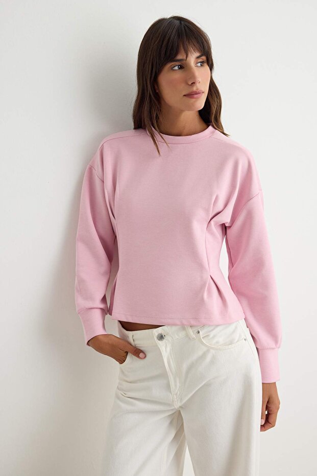 Light Pink Premium Pleated Peplum Crew Neck Low Sleeve Interlock Knitted Sweatshirt Twoaw27Sw00132