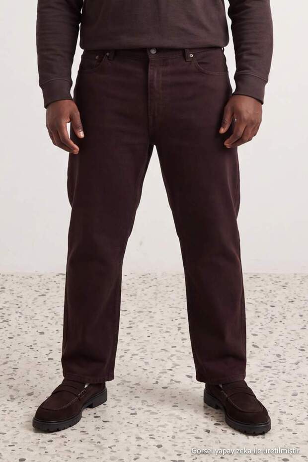 Koyu Kahverengi Straight Fit Büyük Beden Esnek Kumaş Normal Bel Erkek Dokuma Pantolon TMNAW27AR00003