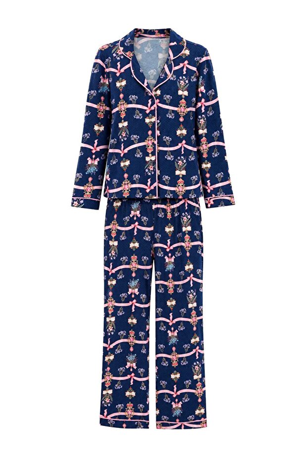 Navy Blue 100% Cotton Patterned Ribbed Knitted Pajamas Set Thmaw27Pt00239