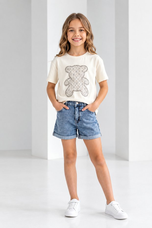 Girl's Summer Stylish Set: Top and Bottom Set with T-Shirt and Denim Shorts, 100% Cotton Denim Shorts Set, T-Shirt and Shorts Set for Outings, Special Occasions, Top and Bottom Set, 2-Piece, Super Quality 2222