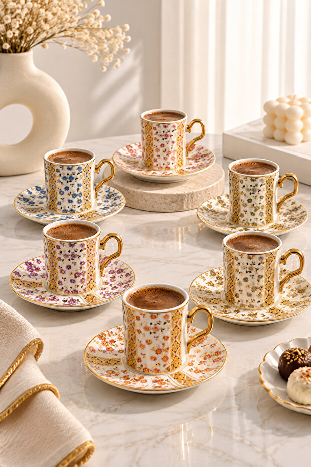 Acar 6-Person Luxury Porcelain Gold Gilded Patterned Coffee Cup Set 100ml
