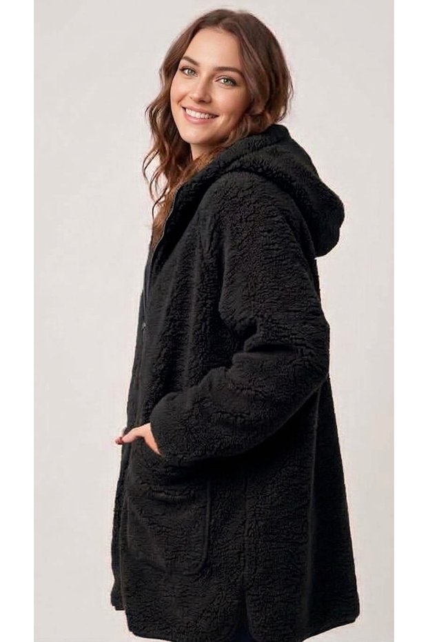 Hooded Front-Pocket Velboa Velvet Laminated Plush Coat