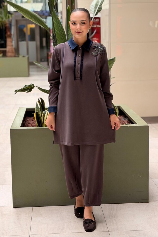 Fuat Gürşen Shirt Collar Half Snap Button Shoulder Beaded Embroidered Tunic Pants Set
