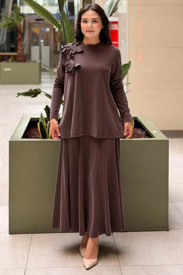 Shoulder Embossed Floral Detailed Tunic Skirt Set