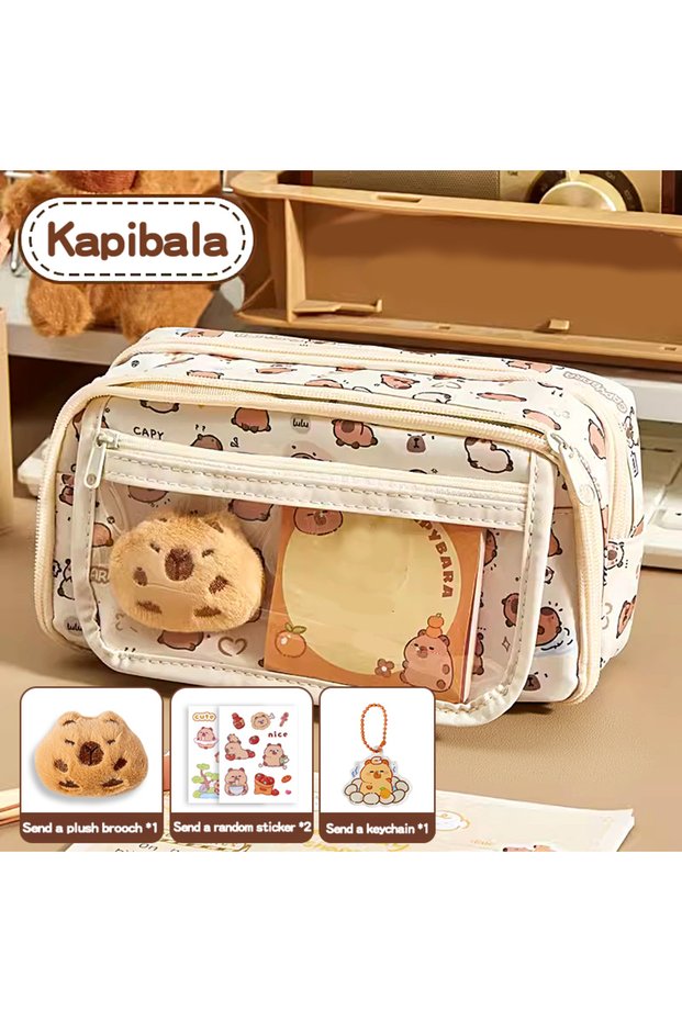 capybara 4-piece Set 4-Piece Cute Capybara Pencil Case Set, Large Capacity, Multi-Layer, Canvas Bag,