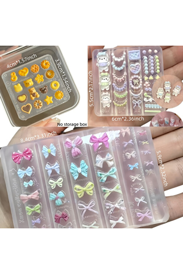 3PCS-PF-785 3 Piece Set Cute Cat Cream Bear Cookie Butterfly Knot 3D Nail Art Silicone Molds Decorat