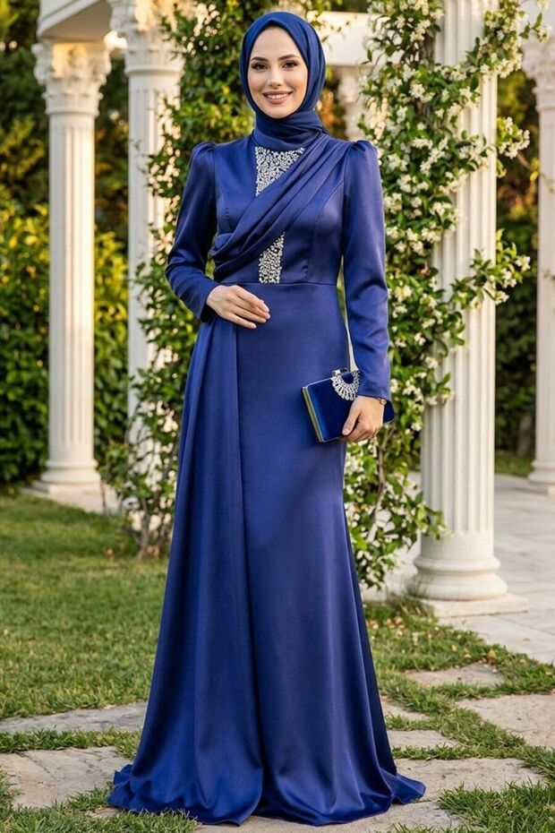 Tailored Navy Blue Satin Hijab Evening Dress 22891L