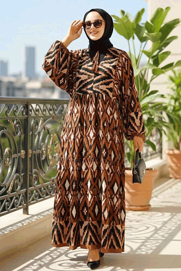 Patterned Brown Hijab Dress 10235KH